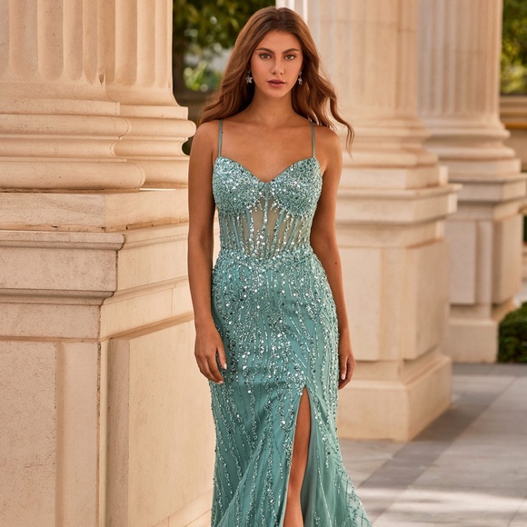 stacees Other - Trumpet/Mermaid Beaded Sleeveless Corset Slit Prom Dress